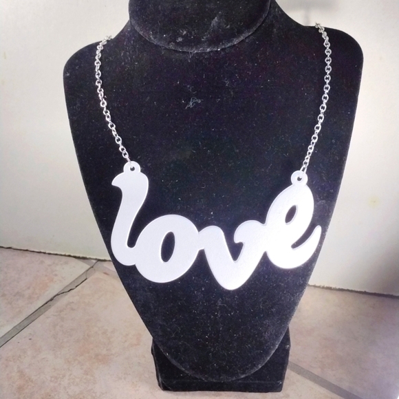 Women's Stunning Polished Silver tone White " LOVE " Design Long Necklace, 34-in - Picture 3 of 6